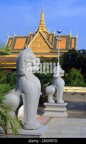 Cambodia: Singha or lion statues in the Silver Pagoda compound, Royal Palace and Silver Pagoda, Phnom Penh.  The Royal Palace (Preah Barum Reacha Veang Nei Preah Reacheanachak Kampuchea) and Silver Pagoda, in Phnom Penh, is a complex of buildings which serves as the royal residence of the king of Cambodia. Its full name in the Khmer language is Preah Barom Reachea Veang Chaktomuk. The Kings of Cambodia have occupied it since it was built in the 1860's, with a period of absence when the country came into turmoil during and after the reign of the Khmer Rouge. Stock Photo