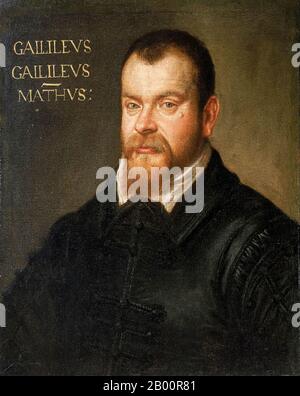 Italy: 'Galileo Galilei (1564–1642)'. Oil on canvas portrait by Domenico Tintoretto (1560-1635), c. 1602-1607.  Galileo Galilei (15 Feb. 1564—8 Jan. 1642) was an Italian physicist, mathematician, philosopher and astronomer who played a pivotal role in establishing modern science at a time when contradiction of religion was considered heresy.  It was as an astronomer that he was most controversial. Galileo developed telescopes that confirmed the phases of Venus, and the discovery of the four largest satellites of Jupiter (named the Galilean moons in his honour), as well as sunspots. Stock Photo
