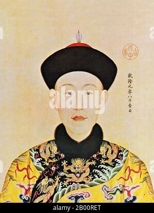 China/Italy: The young Qianlong Emperor during the first year of his reign. Handscroll painting by Giuseppe Castiglione (1688-1766), 1736.  The Qianlong Emperor (Chinese pinyin: Qianlong Di; Wade–Giles: Chien-lung Ti), born Hongli (25 September 1711 – 7 February 1799), was the fifth emperor of the Manchu-led Qing Dynasty, and the fourth Qing emperor to rule over China proper.  The fourth son of the Yongzheng Emperor, he reigned officially from 11 October 1736 to 7 February 1795. On 8 February (the first day of that lunar year), he abdicated in favor of his son, the Jiaqing Emperor. Stock Photo