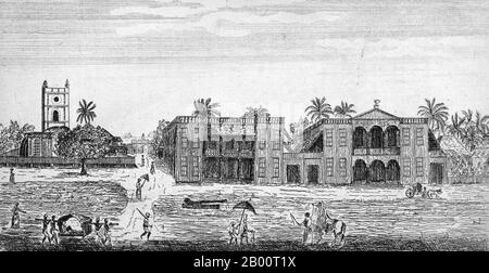 India/UK: 'The West Side of Bombay Green'. Illustration by John Henry Grose (fl. 1750-1783), 1722.  'A voyage to the East Indies; containing authentic accounts of the Mogul government in general, the viceroyalties of the Decan and Bengal, with their several subordinate dependencies'. This two-volume work is the third edition of a book first published as a single volume in 1757, expanded to two volumes in 1766, and republished in 1772. The English author, John Henry Grose, went to Bombay (present-day Mumbai) in March 1750, to work as a servant and writer for the British East India Company. Stock Photo