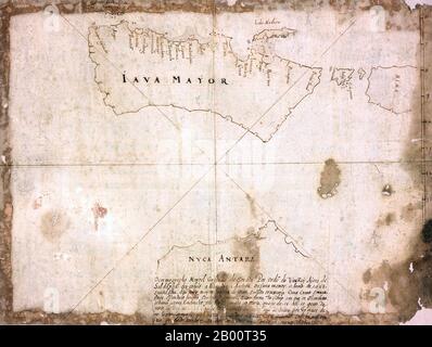 Indonesia: A Malay-Portuguese 16th century chart showing Java in relation to northern Australia.  This manuscript map of Java and the tip of northern Australia is a copy of an earlier work by the Malaysian-Portuguese cartographer Emanuel Godinho de Eredia (1563-1623). In the 16th century, Portugal sent several expeditions to explore the islands south of Malaysia; it is possible that they gained some knowledge about the geography of Australia from these missions. Some scholars have speculated that the Malays had a knowledge of Australia, which Eredia somehow absorbed. Stock Photo