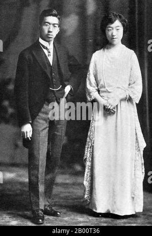 Japan: Emperor Hirohito and Empress Kojun. A photograph taken just after marriage, probably on 24 Jan, 1924.  Hirohito, the Shōwa Emperor (April 29, 1901 – January 7, 1989), was the 124th emperor of Japan according to the traditional order, reigning from December 25, 1926, until his death in 1989. Although better known outside of Japan by his personal name Hirohito, in Japan he is now referred to exclusively by his posthumous name Emperor Shōwa.  At the start of his reign, Japan was one of the great world powers and one of the five permanent members of the council of the League of Nations. Stock Photo