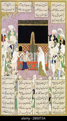 Arabia: Depiction of Layla and Majnun, the ill-fated lovers from the classic Arabic story, with a poem by Nur ad-Din Abd ar-Rahman Jami, c. 1570.  Often thought of as an Arabian version of Romeo and Juliet, Layla and Majnun is a classical story of star-crossed lovers based on the true story of a young man called Qays ibn al-Mulawwah from the northern Arabian Peninsula during the Umayyad era in the 7th century. In one version, he spent his youth together with Layla tending their flocks. In another version, upon seeing Layla he fell passionately in love with her. Stock Photo