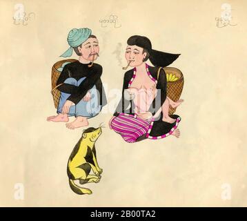 Burma/Myanmar: A Lahu Na or 'Black Lahu' couple in traditional costume sitting smoking with their dog.   A hand-drawn, hand-coloured watercolour from the late 19th century by an unknown Burmese artist.  The name of the ethnic group featured appears near the top of the picture in Shan script (left), Burmese script (Centre) and Khun script  (right). Khun script was formerly used in Kengtung/Kyaingtong in eastern Shan State and in Lan Na or Lanna, northern Thailand. Stock Photo