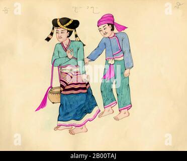 Burma/Myanmar: A Tai Lu couple in ethnic dress. The Shan text identifies them as Tai Lu, as does the the Burmese. The man wears a pink turban; the woman holds a cheroot and carries a basket.  A hand-drawn, hand-coloured watercolour from the late 19th century by an unknown Burmese artist.  The name of the ethnic group featured appears near the top of the picture in Shan script (left), Burmese script (Centre) and Khun script  (right). Khun script was formerly used in Kengtung/Kyaingtong in eastern Shan State and in Lan Na or Lanna, northern Thailand. Stock Photo