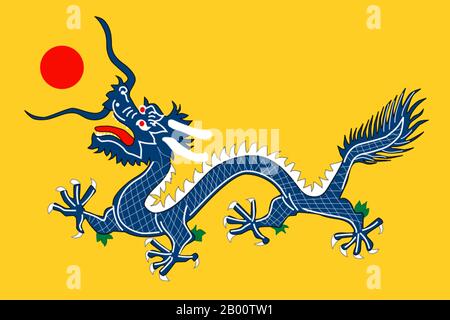 China: Dragon Flag of the Qing Dynasty (1889-1912), 1889.  The Qing Dynasty, also known as the Manchu Dynasty, was the last dynasty of China, ruling from 1644 to 1912 (with a brief, abortive restoration in 1917). It was preceded by the Ming Dynasty and followed by the Republic of China.  The dynasty was founded by the Manchu clan Aisin Gioro in modern northeast China (also known as Manchuria). Starting in 1644 it expanded into China proper and its surrounding territories, establishing the Empire of the Great. Complete pacification of China was accomplished around 1683 under the Kangxi Emperor. Stock Photo