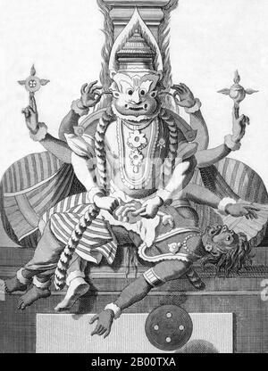 India: 'Fourth Avatar (Incarnation) of Vishnu as Narasimha, the Lion Man'. Illustration by Pierre Sonnerat (1748-1814), 1782.  Pierre Sonnerat (1748-1814) was a French naturalist and explorer who made several voyages to southeast Asia between 1769 and 1781. He published this two-volume account of his voyage of 1774-81 in 1782.  Volume 1 deals exclusively with India, whose culture Sonnerat very much admired, and is especially noteworthy for its extended discussion of religion in India, Hinduism in particular. The book is illustrated with engravings based on Sonnerat’s drawings. Stock Photo