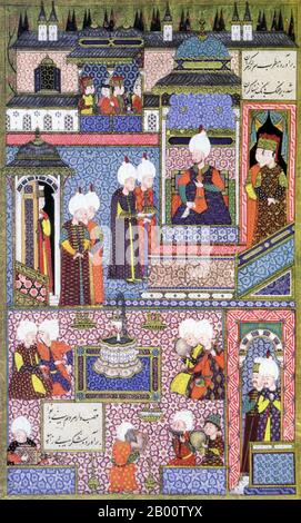 Turkey: 'Sultan Suleyman Being Entertained'. Painting from the illustrated manuscript 'Suleymanname' by Arif Celebi, dated 1558.  Sultan Suleyman I (1494-1566), also known as 'Suleyman the Magnificent' and 'Suleyman the Lawmaker', was the 10th and longest reigning sultan of the Ottoman empire. He personally led his armies to conquer Transylvania, the Caspian, much of the Middle East and the Maghreb. He introduced sweeping reforms in Turkish legislation, education, taxation and criminal law, and was highly respected as a poet and a goldsmith. Stock Photo