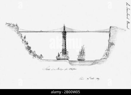 A remarkable design for a 'Chinoiserie' bridge across the Avon Gorge at Bristol by Sir Isambard Kingdom Brunel, 1829. The Clifton Suspension Bridge was eventually completed in 1864 after Brunel's design, but without the pagoda. Stock Photo