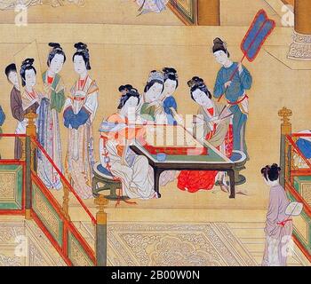 China: A group of palace ladies playing 'Go' in the Forbidden City, Beijing. Handscroll painting by Qiu Ying (1494-1552), 16th century.  Go (Japanese name), known as 'weiqi' in Chinese and 'baduk' in Korean, is an ancient board game for two players that is noted for being rich in strategy despite its relatively simple rules. Stock Photo