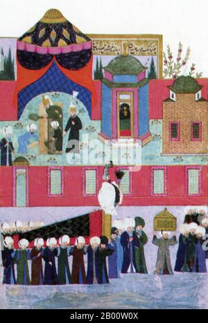 Turkey: 'Burial of Sultan Suleyman', a 1579-80 painting from the manuscript 'Tarih-i Sultan Suleyman' by Seyyid Lokman (1569-1596), which shows Suleyman's coffin being carried to his grave behind Suleyman mosque.  Sultan Suleyman I (1494-1566), also known as 'Suleyman the Magnificent' and 'Suleyman the Lawmaker', was the 10th and longest reigning sultan of the Ottoman empire. He personally led his armies to conquer Transylvania, the Caspian, much of the Middle East and the Maghreb. He introduced sweeping reforms in Turkish legislation, education, taxation and criminal law. Stock Photo