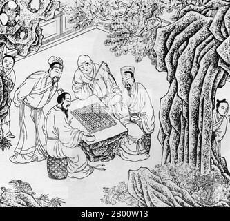 China: Men playing a game of 'Go' in Imperial China, probably Ming Dynasty (1368-1644).  Go (Japanese name), known as 'weiqi' in Chinese and 'baduk' in Korean, is an ancient board game for two players that is noted for being rich in strategy despite its relatively simple rules. Stock Photo