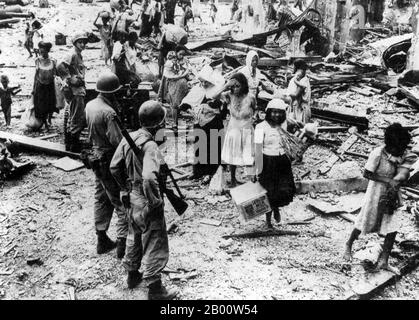 Philippines: Scene of massive destruction after the Battle of Manila, 1944.  The Battle of Manila from 3 February to 3 March 1945, fought by American, Filipino and Japanese  forces, was part of the Philippines' 1945 campaign. The one-month battle, which culminated in a terrible bloodbath and total devastation of the city, was the scene of the worst urban fighting in the Pacific theater, and ended almost three years of Japanese military occupation in the Philippines (1942–1945). The city's capture was marked as General Douglas MacArthur's key to victory in the campaign of reconquest. Stock Photo