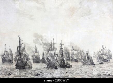Netherlands/Italy: 'The Battle of Livorno'. Oil and ink on canvas painting by Willem van de Velde the Elder (1611-1693), c. 1654-1655.  The naval Battle of Leghorn (the Dutch call the encounter by the Italian name Livorno) took place on 14 March (4 March Old Style) 1653, during the First Anglo-Dutch War, near Leghorn/Livorno, Italy. It was a victory of a Dutch fleet under Commodore Johan van Galen over an English squadron under Captain Henry Appleton. Afterward an English fleet under Captain Richard Badiley, which Appleton had been trying to reach, came up but was outnumbered and fled. Stock Photo