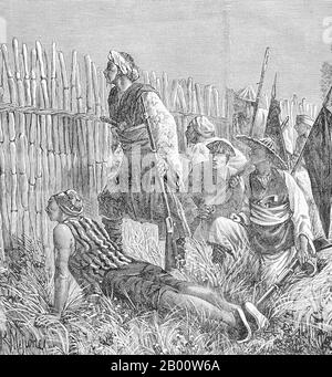 Vietnam: Black Flag soldiers lying in ambush for French colonialists in Tonkin, 1883.  The Black Flag Army (Chinese: Heiqi Jun) was a remnant of a bandit group who may have been former Taiping rebels that crossed the border from Guangxi province of China into Upper Tonkin, in the Empire of Annam (Vietnam) in 1865. They became known mainly for their fights against French forces in cooperation with both Vietnamese and Chinese authorities. The Black Flag Army is so named because of the preference of its commander, Liu Yongfu, for using black command flags. Stock Photo