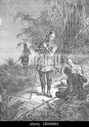 Vienam: Black Flag soldiers in Tonkin, 1873.  The Black Flag Army (Chinese: Heiqi Jun) was a remnant of a bandit group who may have been former Taiping rebels that crossed the border from Guangxi province of China into Upper Tonkin, in the Empire of Annam (Vietnam) in 1865. They became known mainly for their fights against French forces in cooperation with both Vietnamese and Chinese authorities. The Black Flag Army is so named because of the preference of its commander, Liu Yongfu, for using black command flags. Stock Photo