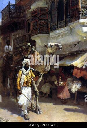 India: 'Man Leading a Camel'. Oil on canvas painting by Edwin Lord Weeks (1849-1903), c. 1885.  Edwin Lord Weeks (1849 – 1903), American artist and Orientalist, was born at Boston, Massachusetts, in 1849. He was a pupil of Léon Bonnat and of Jean-Léon Gérôme, at Paris. He made many voyages to the East, and was distinguished as a painter of oriental scenes.  Weeks' parents were affluent spice and tea merchants from Newton, a suburb of Boston, and as such they were able to accept, probably encourage, and certainly finance their son's youthful interest in painting and travelling. Stock Photo