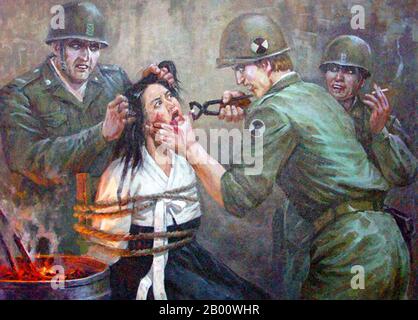Korea: A depiction of putative US war crimes during the Korean War (1950-1953) on display at the Sinchon-Ri Museum, North Korea (DPRK).  At the beginning of the Korean War in 1950 the town of Sinchon in North Korea was allegedly the site of a massacre of civilians by occupying U.S forces. North Korean sources claim the number of civilians killed over the 52-day period at over 35000 people; equivalent to one-fourth the county's population at the time. The North Korean government has operated the Sinchon Museum of American War Atrocities in Sinchon Town since 1958, displaying relics and remains.