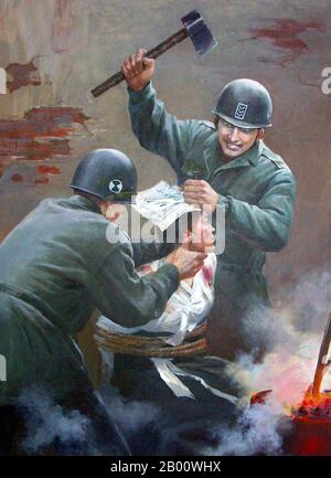 Korea: A depiction of putative US war crimes during the Korean War (1950-1953) on display at the Sinchon-Ri Museum, North Korea (DPRK).  At the beginning of the Korean War in 1950 the town of Sinchon in North Korea was allegedly the site of a massacre of civilians by occupying U.S forces. North Korean sources claim the number of civilians killed over the 52-day period at over 35000 people; equivalent to one-fourth the county's population at the time. The North Korean government has operated the Sinchon Museum of American War Atrocities in Sinchon Town since 1958, displaying relics and remains.