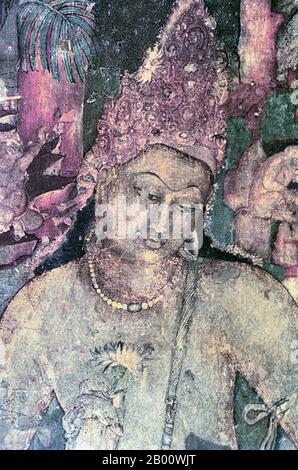 India: Portrait of Padmapani, Ajanta Caves.  The Ajanta Caves in Maharashtra, India are 31 rock-cut cave monuments which date from the 2nd century BCE. The caves include paintings and sculptures considered to be masterpieces of both Buddhist religious art (which depict the Jataka tales) as well as frescos which are reminiscent of the Sigiriya paintings in Sri Lanka.  The caves were built in two phases starting around 200 BCE, with the second group of caves built around 600 CE. Since 1983, the Ajanta Caves have been a UNESCO World Heritage Site. Stock Photo