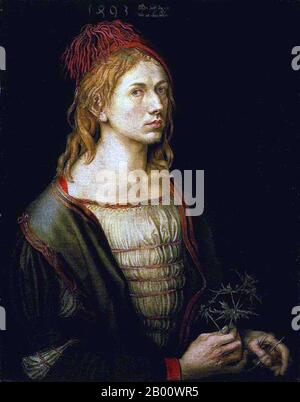 Germany: 'Self-portrait of the Artist Holding a Thistle'. Oil on canvas painting by Albrecht Dürer (1471-1528), 1493.  Albrecht Dürer (21 May 1471 – 6 April 1528) was a German painter, printmaker and theorist from Nuremberg. His prints established his reputation across Europe when he was still in his twenties, and he has been conventionally regarded as the greatest artist of the Northern Renaissance ever since. Dürer's introduction of classical motifs into Northern art, through his knowledge of Italian artists and German humanists, have secured his important reputation. Stock Photo