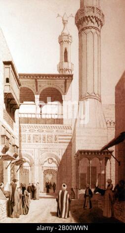 Egypt: A sketch by Edward W. Lane (1801-1876) depicting the entrance to al-Azhar University in Cairo, 19th century.  Edward William Lane (1801-1876) was a British Orientalist, translator and Arabic scholar who lived in Ottoman Cairo from 1825-28. So fascinated was he with Egypt, he dressed as an Ottoman Turk and spent much time sketching the backstreets of Cairo. Upon his return to England he translated the novel ‘Arabian Nights’ [‘1001 nights’] and ‘Selections from the Qur’an’. Stock Photo