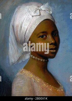 Switzerland: 'Portrait of a Young Black Woman'. Pastel on canvas painting formerly attributed to Jean-Étienne Liotard (1702-1789), late 18th century.  Jean-Étienne Liotard (1702–1789) was a Swiss-French painter. although not primarily an Orientalist, his paintings contain some Orientalist themes, notably 'Portrait of Richard Pocoke' (1738), 'Portrait of Monsieur Levett English Merchant in Tatar Costume' (1740), 'Turkish Woman with Maidservant' (1742), and (formerly) 'Portrait of a Young Black Woman'. Stock Photo