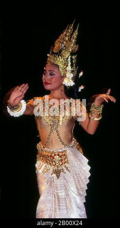 Cambodia: A female dancer in the Royal Ballet of Cambodia, Phnom Penh.  Khmer classical dance is similar to the classical dances of Thailand and Cambodia. The Reamker is a Khmer version of the Ramayana and is one of the most commonly performed dance dramas. Stock Photo