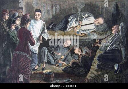 USA: A visit to an opium den, Kearney Street, San Francisco, 1878.  1878 image of people in an opium den in Chinatown, San Francisco. Hand-coloured engraved image titled: 'California - An Evening in the Chinese Quarter of San Francisco - The Chinaman's Paradise, A Favorite Haunt of Opium-Smokers on Kearney Street'. Stock Photo