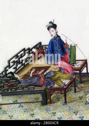 China: Two ladies smoking opium, late Qing Dynasty painting.  The Qing Dynasty (1644–1911) was founded after the Manchus defeated the Ming, the last Han Chinese dynasty. The Manchus introduced a 'queue order', forcing the Han Chinese to adopt the Manchu queue hairstyle and Manchu-style clothing.  The Qing consolidated control of some areas originally under the Ming, including Yunnan. They also stretched their sphere of influence over Xinjiang, Tibet and Mongolia. But during the 19th century, Qing control weakened, and it collapsed in 1912, replaced by the Republic of China. Stock Photo