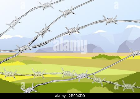 Several lines of realistic barbed wire on landscape with fields and mountains Stock Vector
