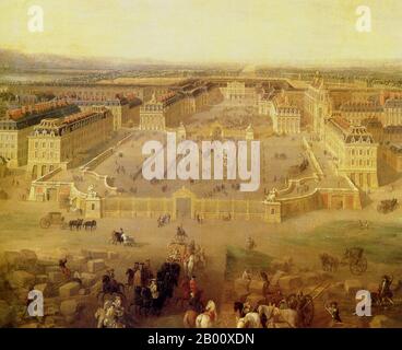 France: 'View of the Estate of Versailles from Place d'Armes'. Oil on canvas painting by Pierre-Denis Martin (1663-1742), 1722.  Formerly a hunting lodge, the court of Versailles was the centre of political power in France from 1682, when Louis XIV moved from Paris, until the royal family was forced to return to the capital in October 1789 after the beginning of the French Revolution. Versailles is therefore famous not only as a magnificent building, but as a symbol of absolute monarchy. Stock Photo