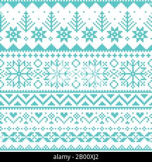Winter, Christmas Fair Isle style traditional knitwear vector seamless pattern with snowflakes, trees and hearts Stock Vector