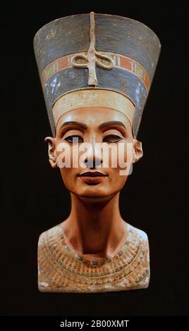 Egypt: Nefertiti (1370 BCE – c. 1330 BCE), Great Queen of Pharaoh Akhenaten of the 18th Dynasty (r.c. 1351-34 BCE).  Nefertiti  (c. 1370 BCE – c. 1330 BCE) was the Great Royal Wife of the Egyptian Pharaoh Akhenaten . Nefertiti and Akhenaten were known for a religious revolution, in which they started to worship one god only. This was the Sun God Aten. She is also famous for her bust, now in Berlin's Neues Museum. Some scholars believe that Nefertiti ruled briefly after her husband's death and before the accession of Tutankhamun as Neferneferuaten, although this is a matter of ongoing debate. Stock Photo