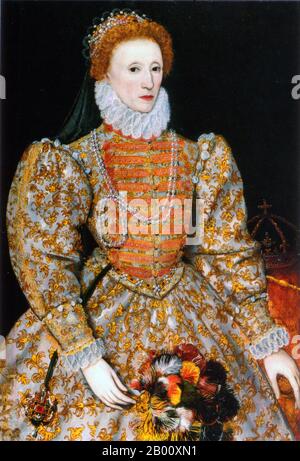 England: 'Queen Elizabeth I'. The 'Darnley Portrait', oil on panel painting by an unidentified artist, c. 1575.  Elizabeth I (7 September 1533 – 24 March 1603) was Queen regnant of England and Queen regnant of Ireland from 17 November 1558 until her death. Sometimes called The Virgin Queen, Gloriana, or Good Queen Bess, Elizabeth was the fifth and last monarch of the Tudor dynasty. Elizabeth I's foreign policy with regard to Asia, Africa and Latin America demonstrated a new understanding of the role of England as a maritime, Protestant power in an increasingly global economy.