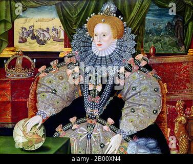 England: 'Portrait of Elizabeth I of England, the Armada Portrait'. Oil on panel painting formerly attributed to George Gower (1540-1596), c. 1588.  Elizabeth I (7 September 1533 – 24 March 1603) was Queen regnant of England and Queen regnant of Ireland from 17 November 1558 until her death. Sometimes called The Virgin Queen, Gloriana, or Good Queen Bess, Elizabeth was the fifth and last monarch of the Tudor dynasty. Elizabeth I's foreign policy with regard to Asia, Africa and Latin America demonstrated a new understanding of the role of England as a maritime, Protestant power globally.