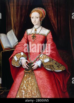 England: 'Elizabeth I when a Princess'. Oil on panel painting attributed to William Scrots (1537-1553), c. 1546-1547.  Elizabeth I (7 September 1533 – 24 March 1603) was Queen regnant of England and Queen regnant of Ireland from 17 November 1558 until her death. Sometimes called The Virgin Queen, Gloriana, or Good Queen Bess, Elizabeth was the fifth and last monarch of the Tudor dynasty. Elizabeth I's foreign policy with regard to Asia, Africa and Latin America demonstrated a new understanding of the role of England as a maritime, Protestant power in an increasingly global economy.