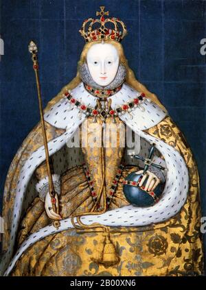England: 'Queen Elizabeth I in Coronation Robes'. Oil on panel painting by an unknown artist c. 1600.  Elizabeth I (7 September 1533 – 24 March 1603) was Queen regnant of England and Queen regnant of Ireland from 17 November 1558 until her death. Sometimes called The Virgin Queen, Gloriana, or Good Queen Bess, Elizabeth was the fifth and last monarch of the Tudor dynasty. Elizabeth I's foreign policy with regard to Asia, Africa and Latin America demonstrated a new understanding of the role of England as a maritime, Protestant power in an increasingly global economy.