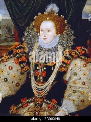 England: 'Portrait of Elizabeth I of England, the Armada Portrait'. Oil on panel painting formerly attributed to George Gower (1540-1596), c. 1588.  Elizabeth I (7 September 1533 – 24 March 1603) was Queen regnant of England and Queen regnant of Ireland from 17 November 1558 until her death. Sometimes called The Virgin Queen, Gloriana, or Good Queen Bess, Elizabeth was the fifth and last monarch of the Tudor dynasty. Elizabeth I's foreign policy with regard to Asia, Africa and Latin America demonstrated a new understanding of the role of England as a maritime, Protestant power globally.