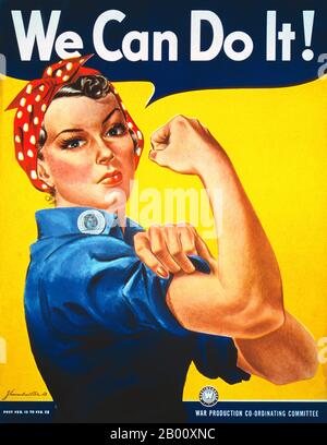 USA: 'Rosie the Riveter'. Propaganda poster by J. Howard Miller (1918-2004), Westinghouse, 1942.  'Rosie the Riveter' is a cultural icon of the United States representing the American women who worked in factories during World War II; many worked in manufacturing plants that produced munitions and war supplies. These women sometimes took entirely new jobs replacing the male workers who were in the military. The character is considered a feminist icon in the US and elsewhere. Stock Photo