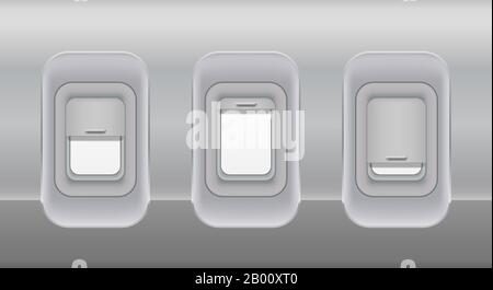 Airplane fuselage windows. Aircraft indoor portholes template, vector open and closed fuselage plane window in wall plane. Vector Illustration Stock Vector
