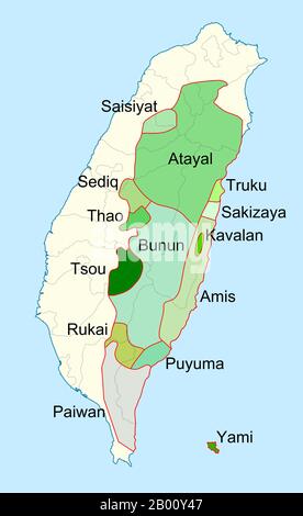 China/Taiwan: Map of the distribution of indigenous peoples in Taiwan.  Taiwanese aborigines (Chinese: yuánzhùmín; Pe̍h-ōe-jī: gôan-chū-bîn; literally 'original inhabitants') may have been living on the islands for approximately 8,000 years before major Han Chinese immigration began in the 17th century. Taiwanese aborigines are Austronesian peoples, with linguistic and genetic ties to other Austronesian ethnic groups, such as peoples of the Philippines, Malaysia, Indonesia, Madagascar and Oceania. Stock Photo