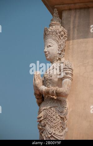 Thailand: Sculptures of thewada (angels) on the Ho Trai or library building, Wat Phra Singh, Chiang Mai, Northern Thailand.  Wat Phra Singh or to give it its full name, Wat Phra Singh Woramahaviharn, was first constructed around 1345 by King Phayu, 5th king of the Mangrai Dynasty.  King Mengrai founded the city of Chiang Mai (meaning 'new city') in 1296, and it succeeded Chiang Rai as capital of the Lanna kingdom. Chiang Mai sometimes written as 'Chiengmai' or 'Chiangmai', is the largest and most culturally significant city in northern Thailand. Stock Photo