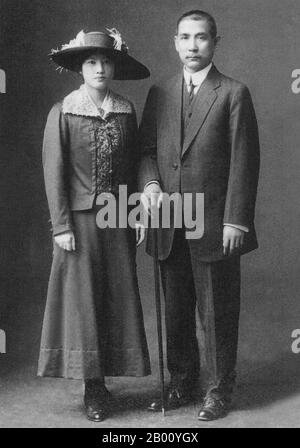 China: Dr Sun Yat-sen (1866-1925), Founder of the Chinese Republic (1912), together with his wife Song Qingling (1893-1981), 24 April 1916.  Sun Yat-sen (12 November 1866 – 12 March 1925) was a Chinese revolutionary and political leader. As the foremost pioneer of Nationalist China, Sun is frequently referred to as the Founding Father of Republican China.  Sun played an instrumental role in inspiring the overthrow of the Qing Dynasty, the last imperial dynasty of China. Sun was the first provisional president when the Republic of China (ROC) was founded in 1912. Stock Photo