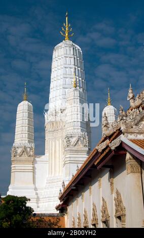 Thailand: White prangs of Wat Mahathat, Phetchaburi.  Wat Mahathat is a late Ayutthaya period Buddhist temple. Stock Photo