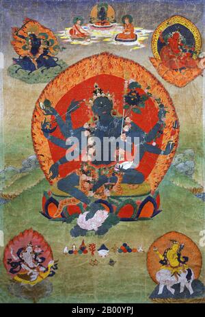 China/Tibet: 18th century Eastern Tibetan thangka, with the Green Tara (Samaya Tara Yogini) in the centre and the Blue, Red, White and Yellow taras in the corners.  Tara, also known as Jetsun Dolma (Tibetan: rje btsun sgrol ma) in Tibetan Buddhism, is a female Bodhisattva in Mahayana Buddhism who appears as a female Buddha in Vajrayana Buddhism. She is known as the 'mother of liberation', and represents the virtues of success in work and achievements. In Japan she is known as Tarani Bosatsu, and as Tuoluo in Chinese Buddhism. Stock Photo
