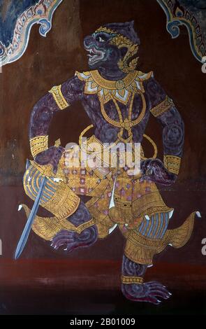 Thailand: A character from the Ramayana in the cloisters, Ramakien 