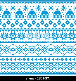 Winter, Christmas Fair Isle style traditional knitwear vector seamless pattern with winter hats and snowflakes Stock Vector
