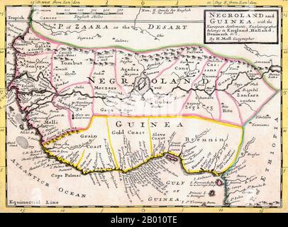 Nigeria: Map of Negroland and Guinea by Herman Moll (1654-1732), showing the Kingdom of Benin ('Bennin') by the Gulf of Guinea, 1727.  'Negroland and Guinea with the European Settlements, Explaining what belongs to England, Holland, Denmark, etc'. By Herman Moll (1654-1732), Geographer. Stock Photo