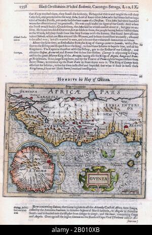 Africa: Map of Guinea and surrounding regions by Jodocus Hondius (1563-1612), 1625.   'Benin Regnu', the Benin Kingdom, is indicated in the south-east. Full page version headed: 'Black Christianitie, wicked sodomie'. Stock Photo
